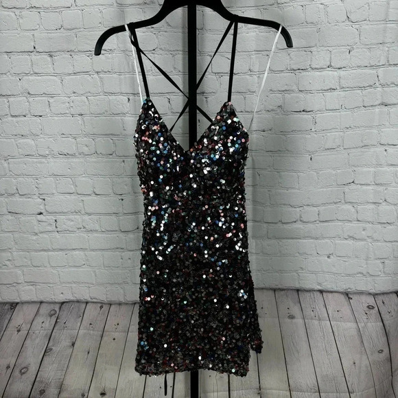 Lulu’s Dance Until Dawn Black Multi Sequin Lace-Up Mini Skater Dress Size XS - Picture 1 of 8